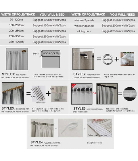 Curtain sizing and header style guide for the velvet blackout drapes