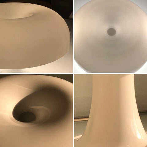 Mushroom table lamp details: shade underside, domed top, stem and base