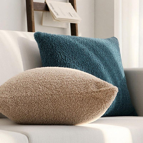 Plush teddy cushion covers in teal and beige
