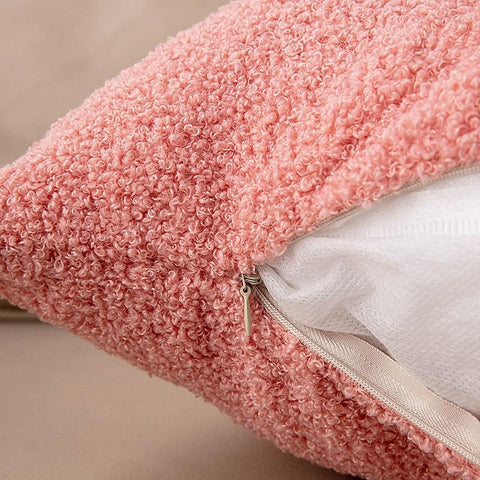 Plush teddy cushion cover opened to show the hidden zip