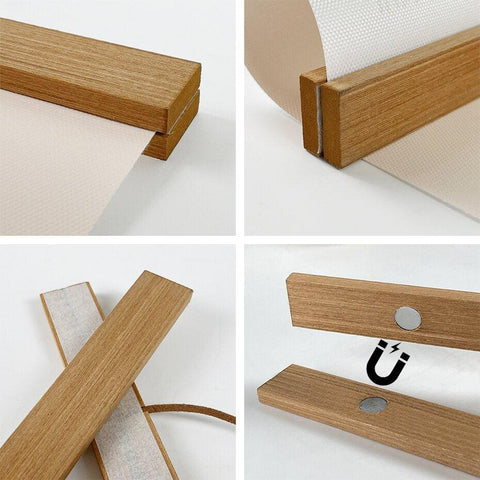 Poster hanger details: rail end, print slotted in place, cord and magnet