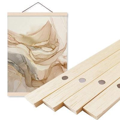 Poster hanger in pine, magnetic wooden rails holding an abstract print