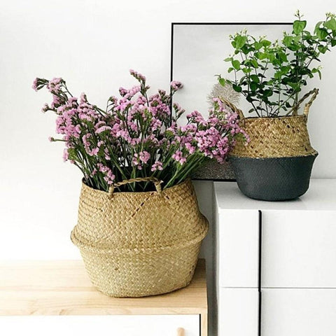 Two seagrass planter baskets holding flowering plants