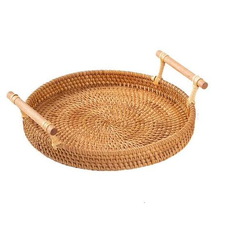 Rattan storage tray, extra large, round woven tray with wooden handles