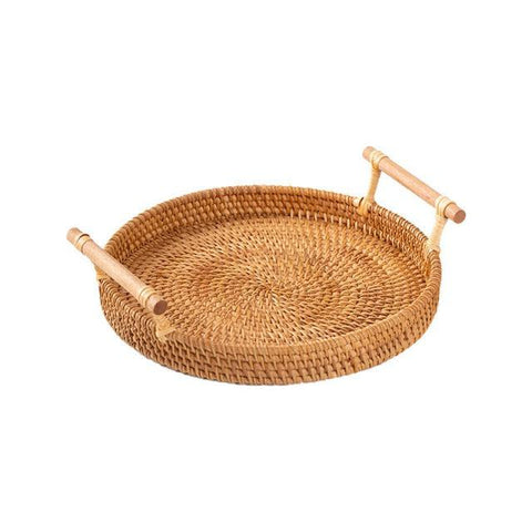 Rattan storage tray, large, round woven tray with wooden handles