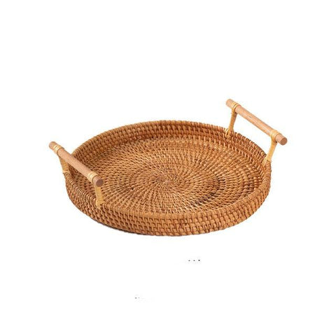 Rattan storage tray, medium, round woven tray with wooden handles