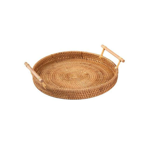 Rattan storage tray, small, round woven tray with wooden handles